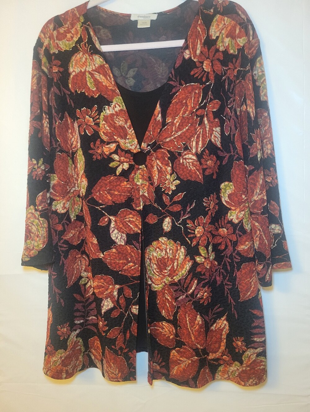 dressbarn Black Cardigan with Rust Floral Print